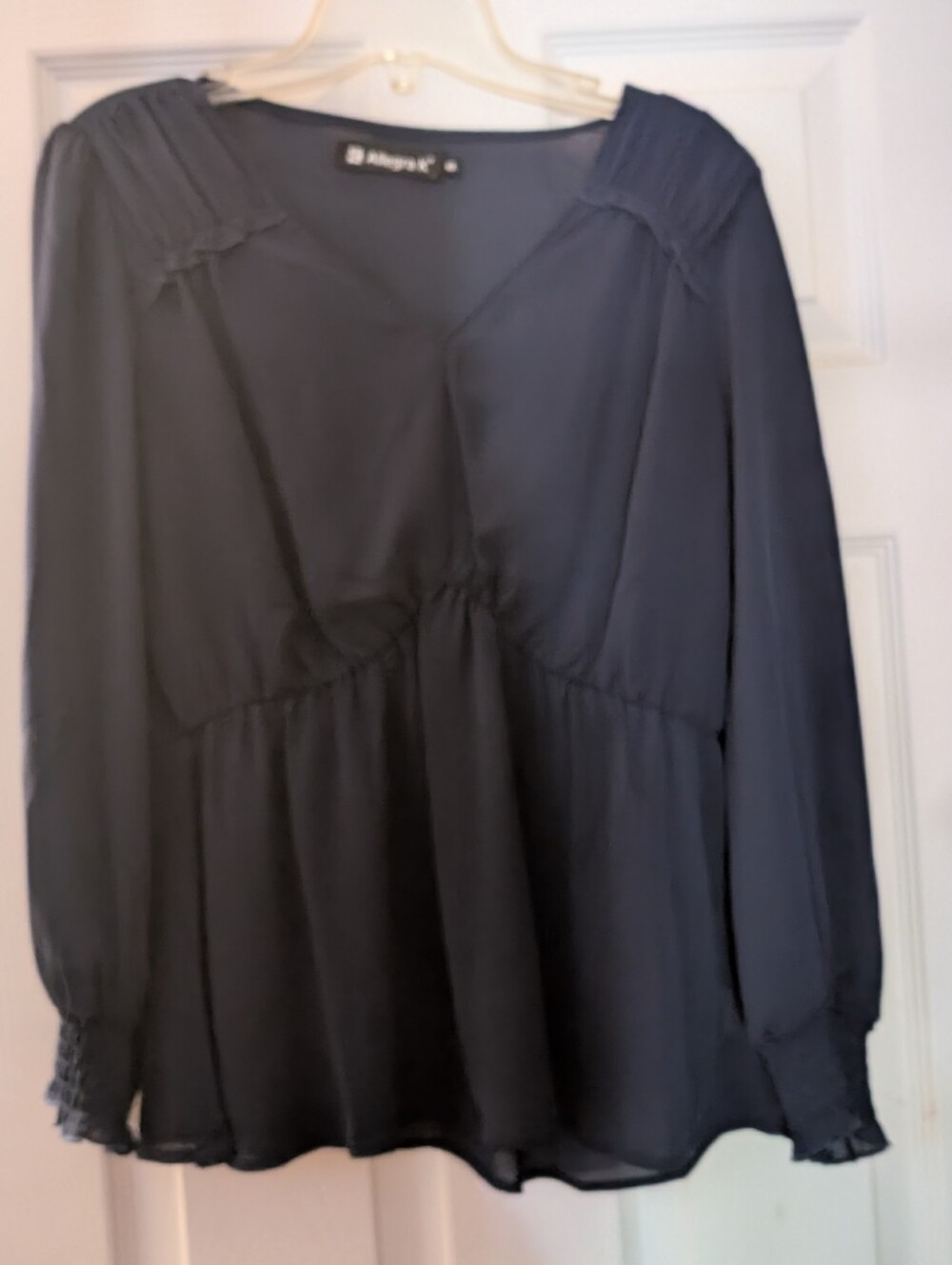 Allegra K Navy V-Neck Long Sleeve Peasant Top